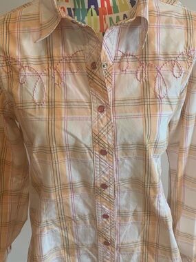 Bit & Bridle Pink Pearl Snap Plaid Shirt with Embroidered Horses